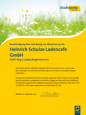 Bescheinigung über den Bezug von Ökostrom - Heinrich Schulze Ladencafé GmbH